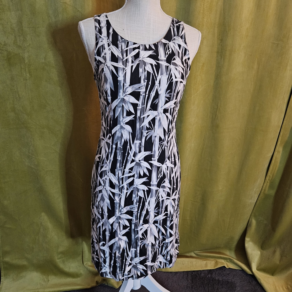 Chic Black and White Bamboo Print Midi Dress. 100% Silk